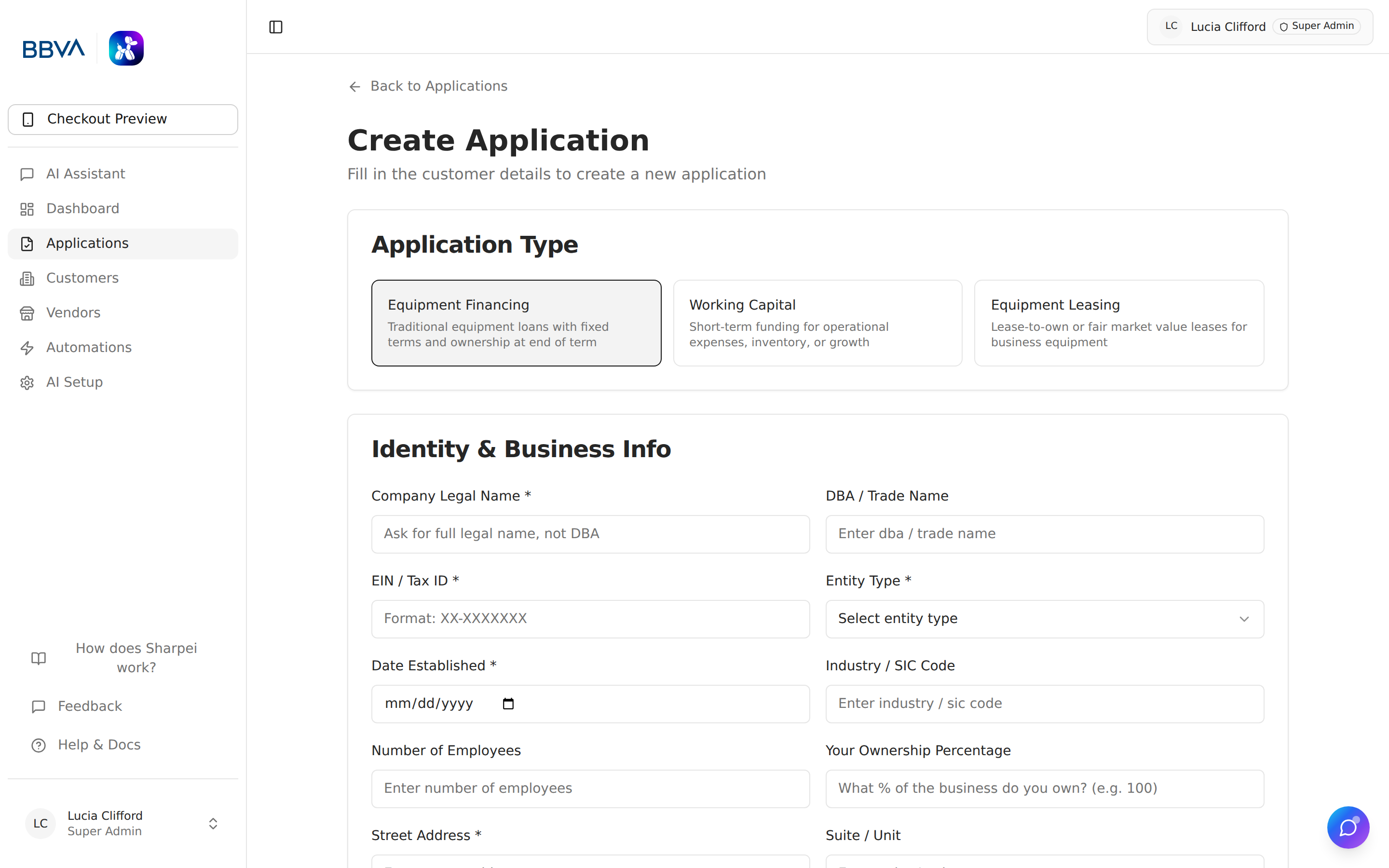 New application form with unified multi-step layout
