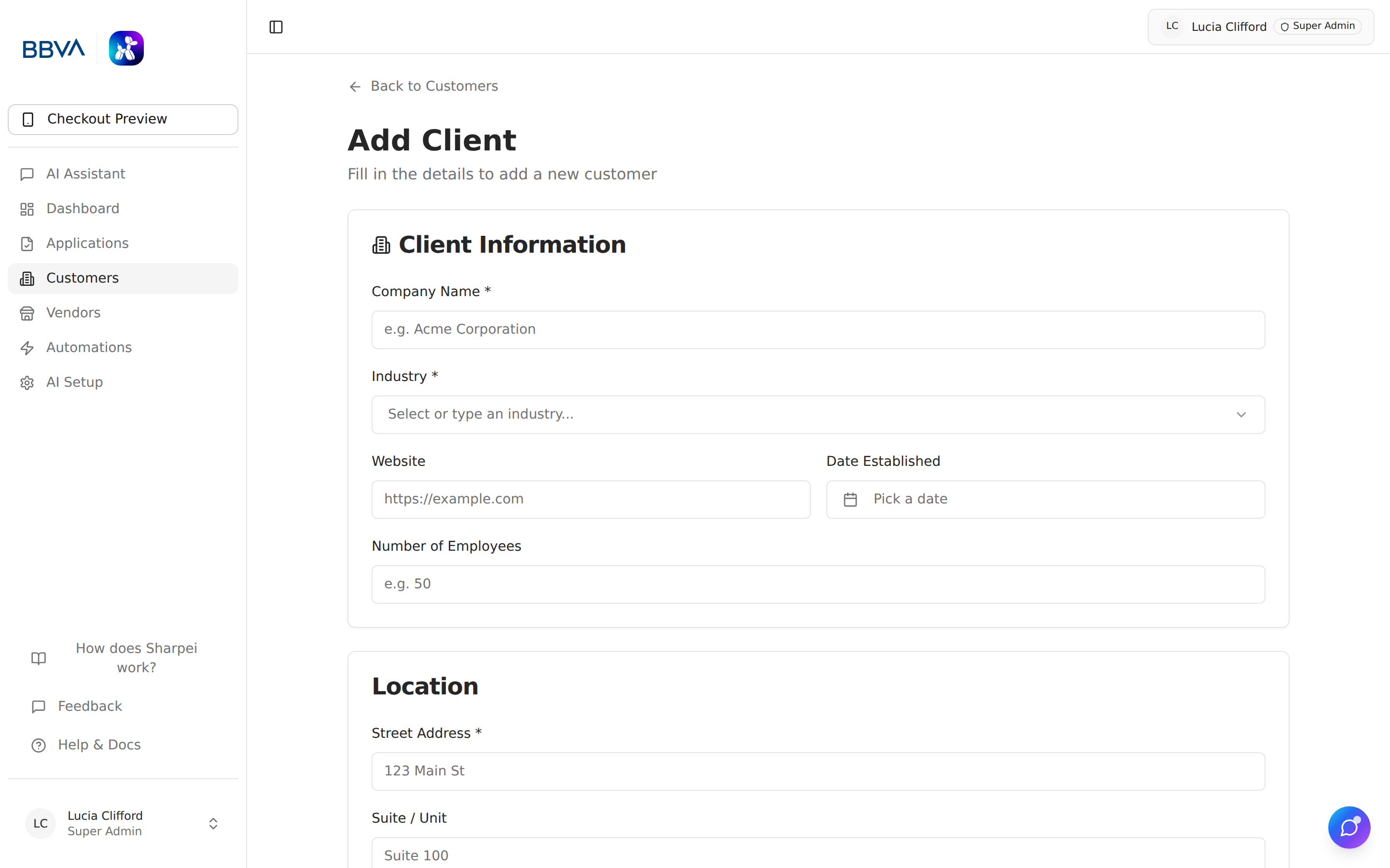New customer creation form
