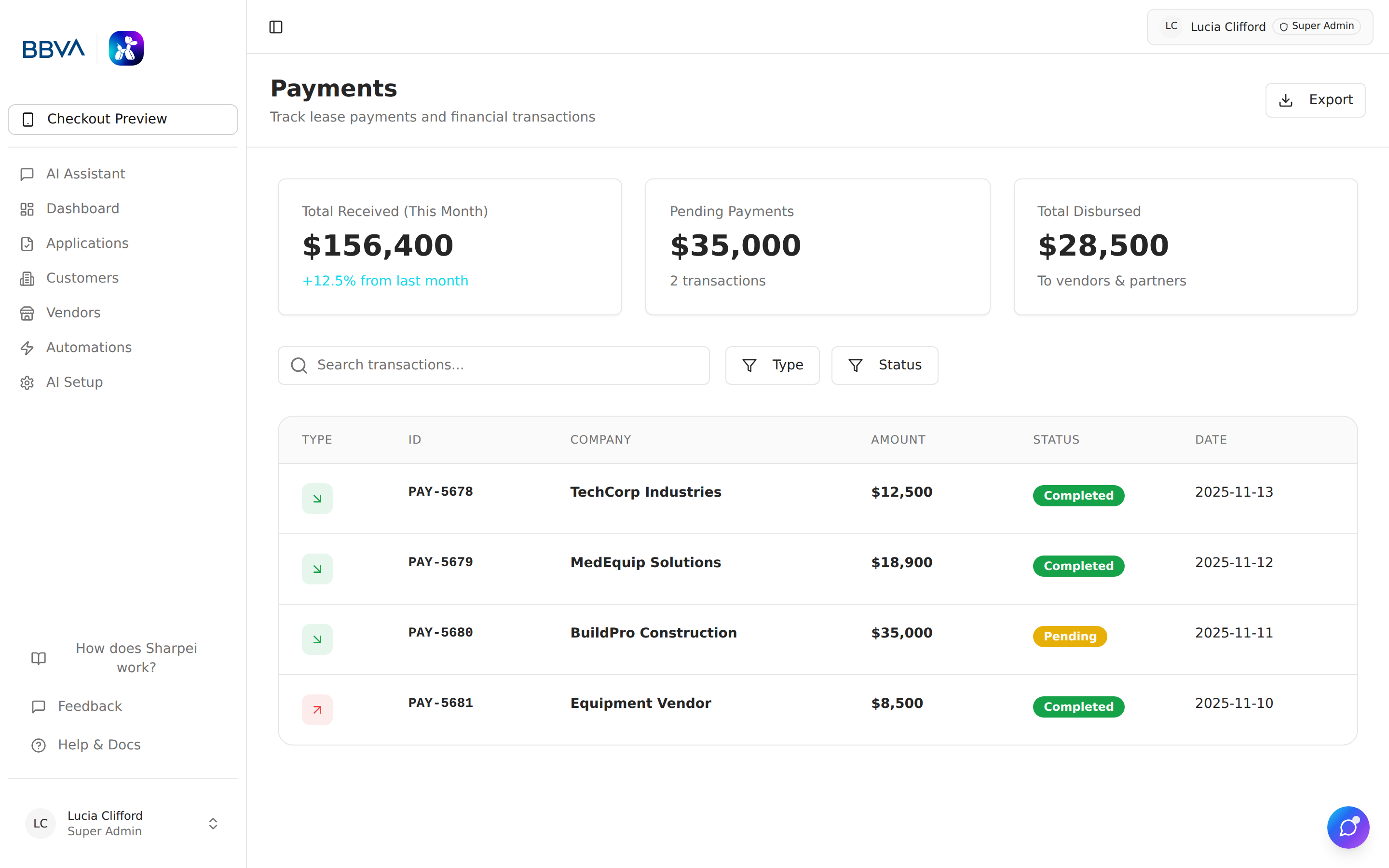 Payments list showing incoming and outgoing transactions
