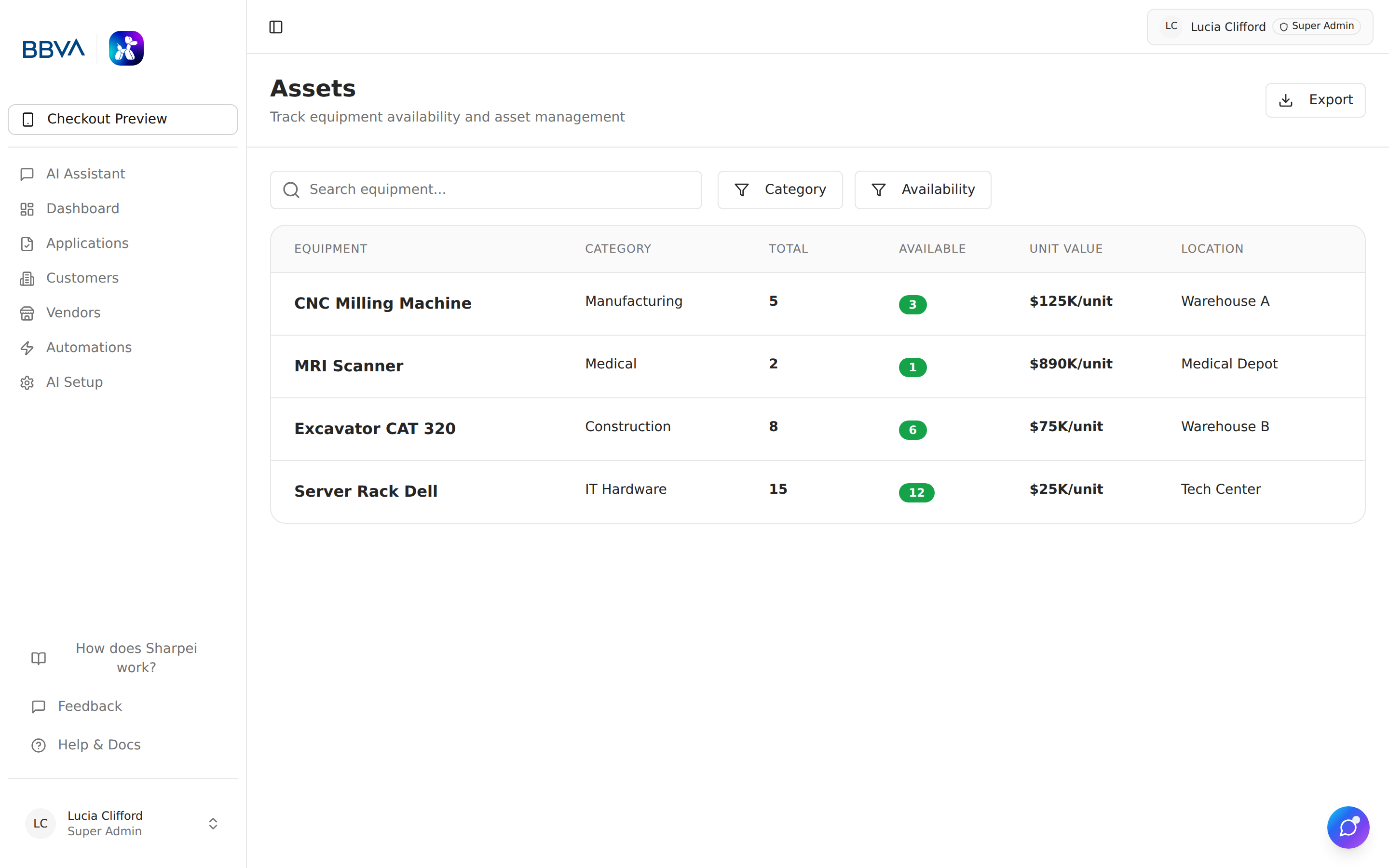 Asset inventory list with category filters and stock indicators