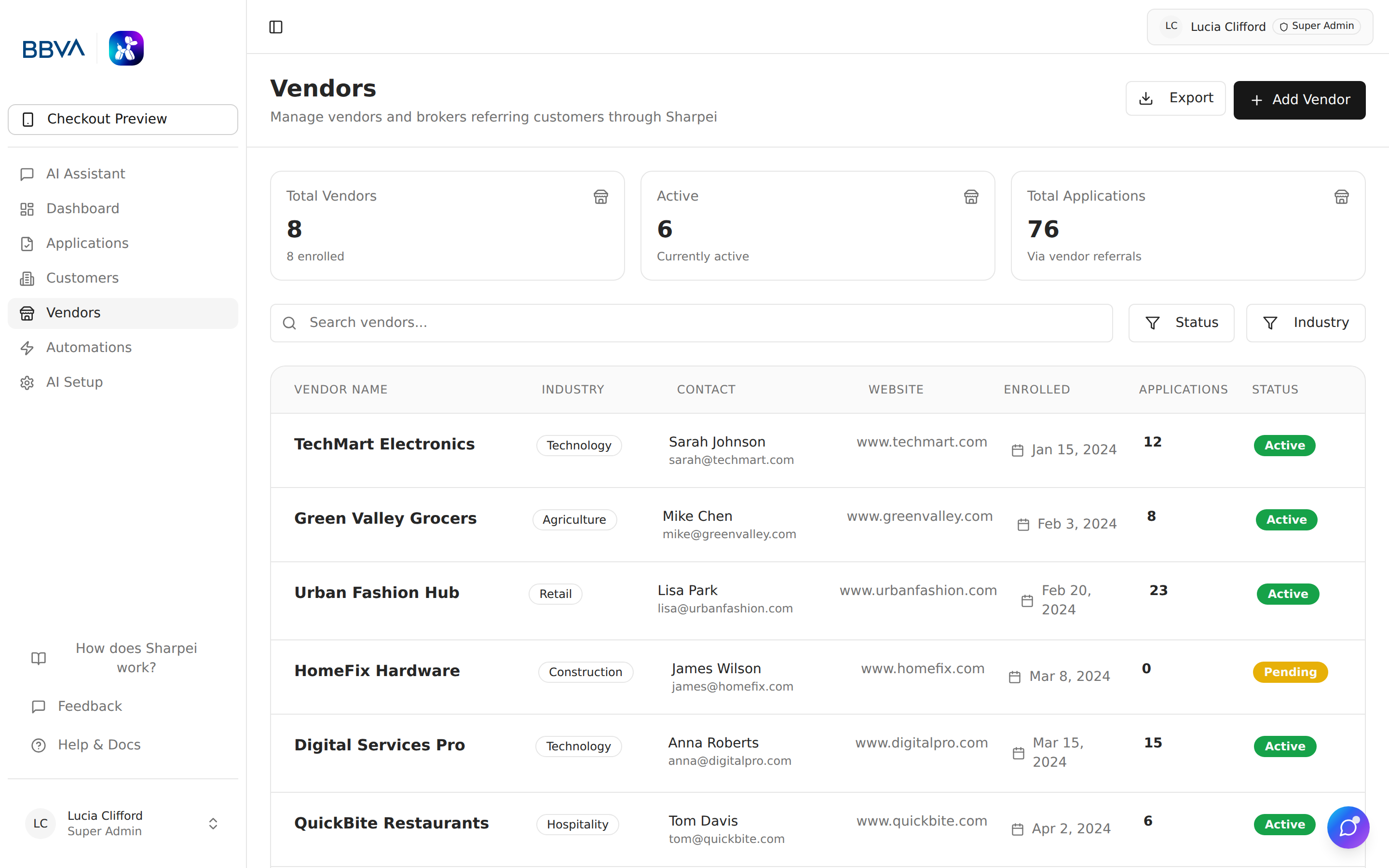 Vendor management list with industry filters and status badges